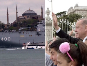 Boğaz’da tarihi anlar: Dünyanın birinci SİHA gemisi TCG Anadolu Cumhurbaşkanı Erdoğan’ı selamladı